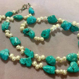 31" Genuine Pearl and Turquoise Necklace